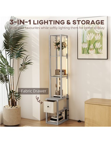 HOMCOM Floor Lamp with Shelves, LED Column Modern Standing Lamp with Fabric Drawer, Adjustable Brightness, Foot Switch for Livin