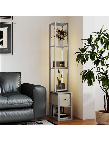 HOMCOM Floor Lamp with Shelves, LED Column Modern Standing Lamp with Fabric Drawer, Adjustable Brightness, Foot Switch for Livin