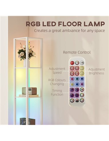 HOMCOM RGB LED Floor Lamp with Shelves, Modern Dimmable Standing Lamp with Remote Control, Adjustable Brightness & Speed for Liv
