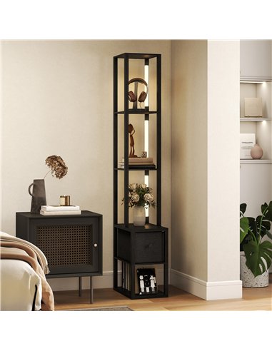 HOMCOM Floor Lamp with Shelves, LED Column Modern Standing Lamp with Fabric Drawer, Adjustable Brightness, Foot Switch for Livin