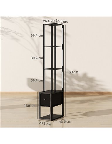 HOMCOM Floor Lamp with Shelves, LED Column Modern Standing Lamp with Fabric Drawer, Adjustable Brightness, Foot Switch for Livin