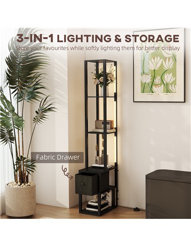 HOMCOM Floor Lamp with Shelves, LED Column Modern Standing Lamp with Fabric Drawer, Adjustable Brightness, Foot Switch for Livin