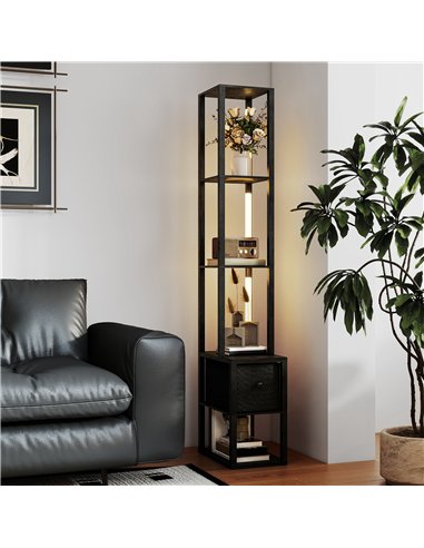 HOMCOM Floor Lamp with Shelves, LED Column Modern Standing Lamp with Fabric Drawer, Adjustable Brightness, Foot Switch for Livin