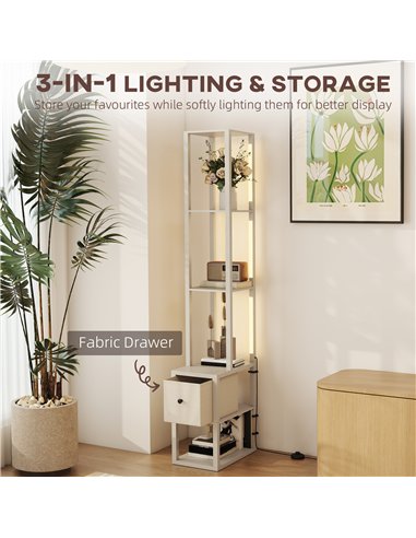 HOMCOM Floor Lamp with Shelves, LED Column Modern Standing Lamp with Fabric Drawer, Adjustable Brightness, Foot Switch for Livin