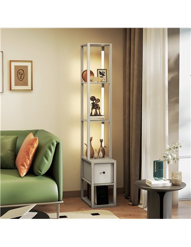 HOMCOM Floor Lamp with Shelves, LED Column Modern Standing Lamp with Fabric Drawer, Adjustable Brightness, Foot Switch for Livin