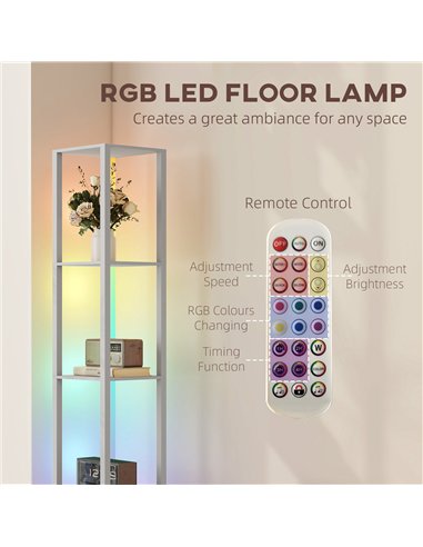 HOMCOM RGB LED Floor Lamp with Shelves, Modern Dimmable Standing Lamp with Remote Control, Adjustable Brightness & Speed for Liv