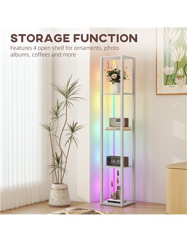 HOMCOM RGB LED Floor Lamp with Shelves, Modern Dimmable Standing Lamp with Remote Control, Adjustable Brightness & Speed for Liv