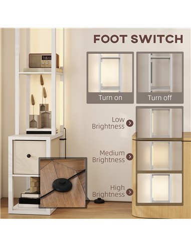 HOMCOM Floor Lamp with Shelves, LED Column Modern Standing Lamp with Fabric Drawer, Adjustable Brightness, Foot Switch for Livin