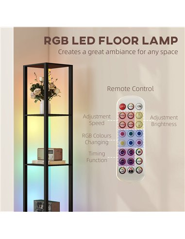HOMCOM RGB LED Floor Lamp with Shelves, Modern Dimmable Standing Lamp with Remote Control, Adjustable Brightness & Speed for Liv