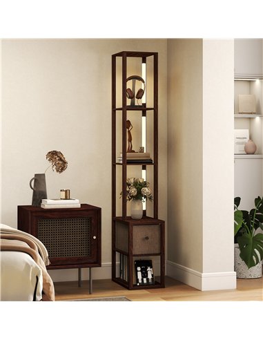 HOMCOM Floor Lamp with Shelves, LED Column Modern Standing Lamp with Fabric Drawer, Adjustable Brightness, Foot Switch for Livin