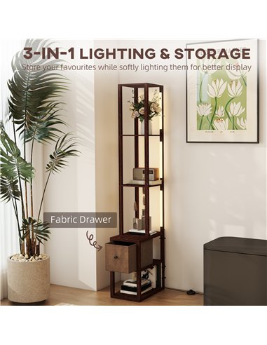 HOMCOM Floor Lamp with Shelves, LED Column Modern Standing Lamp with Fabric Drawer, Adjustable Brightness, Foot Switch for Livin