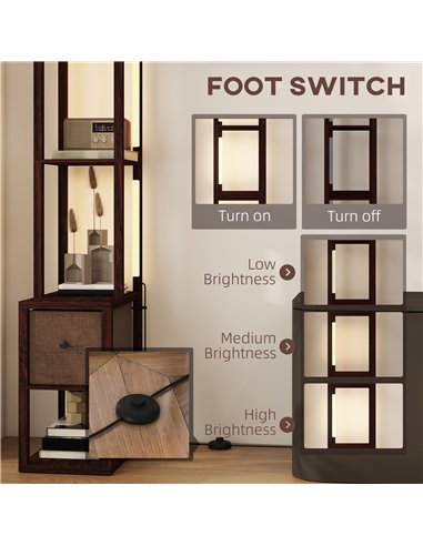 HOMCOM Floor Lamp with Shelves, LED Column Modern Standing Lamp with Fabric Drawer, Adjustable Brightness, Foot Switch for Livin