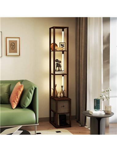 HOMCOM Floor Lamp with Shelves, LED Column Modern Standing Lamp with Fabric Drawer, Adjustable Brightness, Foot Switch for Livin