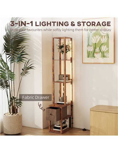HOMCOM Floor Lamp with Shelves, LED Column Modern Standing Lamp with Fabric Drawer, Adjustable Brightness, Foot Switch for Livin