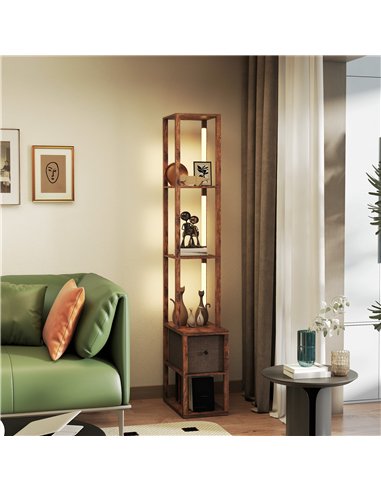 HOMCOM Floor Lamp with Shelves, LED Column Modern Standing Lamp with Fabric Drawer, Adjustable Brightness, Foot Switch for Livin