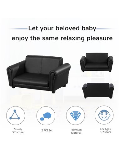 Homcom Kids Twin Sofa, 2 Seater Toddler Armchair with Footstool, Black