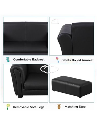 Homcom Kids Twin Sofa, 2 Seater Toddler Armchair with Footstool, Black