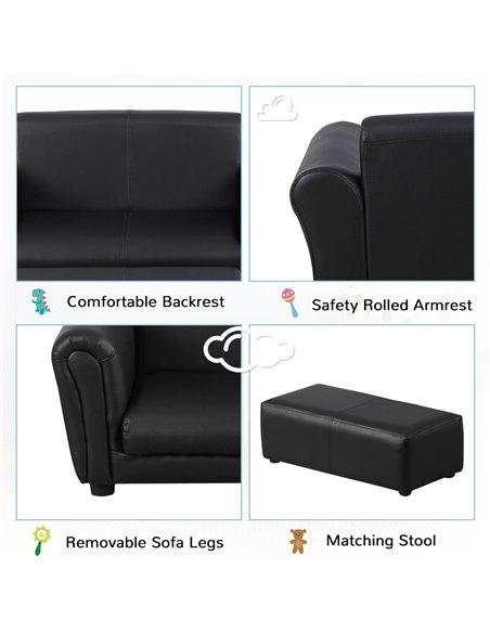 Homcom Kids Twin Sofa, 2 Seater Toddler Armchair with Footstool, Black - pic 17035 | FastDaddyshop