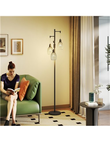 HOMCOM 3-Light LED Floor Lamp, 170cm Industrial Dimmable Standing Lamp with Steel Wire Cage Lampshades, 2700K for Living Room, B