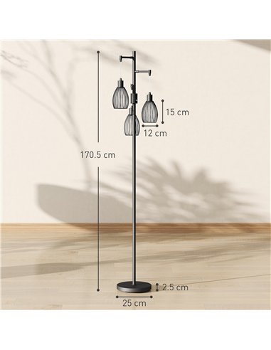 HOMCOM 3-Light LED Floor Lamp, 170cm Industrial Dimmable Standing Lamp with Steel Wire Cage Lampshades, 2700K for Living Room, B