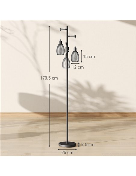 HOMCOM 3-Light LED Floor Lamp, 170cm Industrial Dimmable Standing Lamp with Steel Wire Cage Lampshades, 2700K for Living Room, B - pic 170396 | FastDaddyshop
