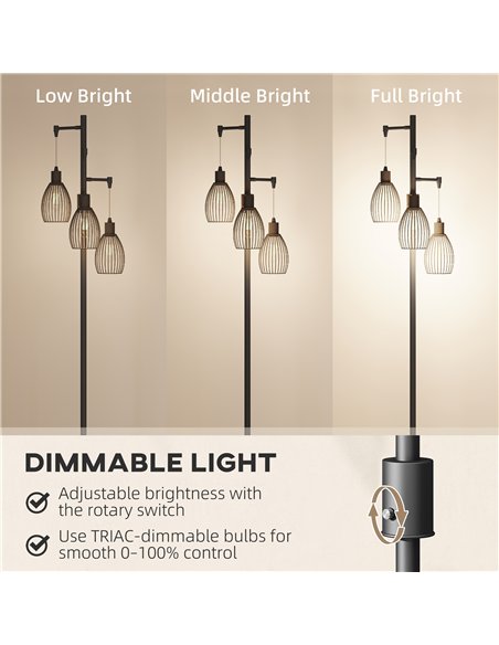 HOMCOM 3-Light LED Floor Lamp, 170cm Industrial Dimmable Standing Lamp with Steel Wire Cage Lampshades, 2700K for Living Room, B - pic 170397 | FastDaddyshop