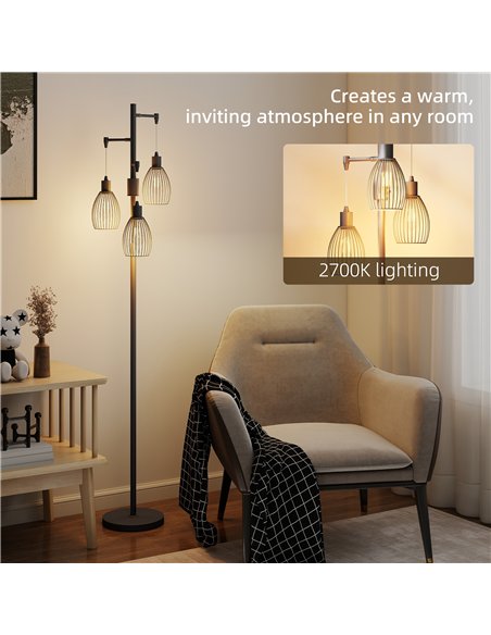 HOMCOM 3-Light LED Floor Lamp, 170cm Industrial Dimmable Standing Lamp with Steel Wire Cage Lampshades, 2700K for Living Room, B - pic 170398 | FastDaddyshop