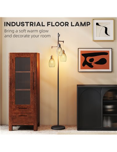 HOMCOM 3-Light LED Floor Lamp, 170cm Industrial Dimmable Standing Lamp with Steel Wire Cage Lampshades, 2700K for Living Room, B