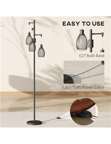 HOMCOM 3-Light LED Floor Lamp, 170cm Industrial Dimmable Standing Lamp with Steel Wire Cage Lampshades, 2700K for Living Room, B