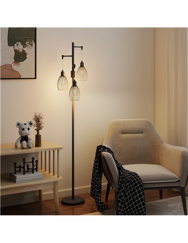HOMCOM 3-Light LED Floor Lamp, 170cm Industrial Dimmable Standing Lamp with Steel Wire Cage Lampshades, 2700K for Living Room, B