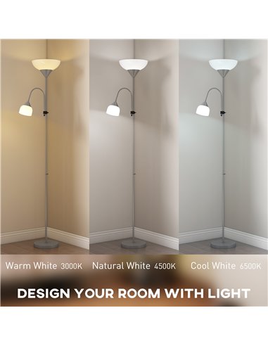 HOMCOM LED Floor Lamp for Living Room, 180cm Tall Standing Lamp, Mother and Child Uplighter with Adjustable Gooseneck, 3000K/450