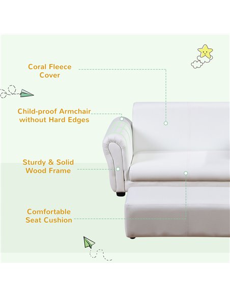 Homcom Kids Twin Sofa, 2 Seater Toddler Armchair with Footstool, White - pic 17042 | FastDaddyshop