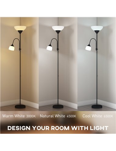 HOMCOM LED Floor Lamp for Living Room, 180cm Tall Standing Lamp, Mother and Child Uplighter with Adjustable Gooseneck, 3000K/450