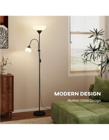HOMCOM LED Floor Lamp for Living Room, 180cm Tall Standing Lamp, Mother and Child Uplighter with Adjustable Gooseneck, Black