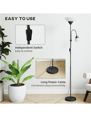 HOMCOM LED Floor Lamp for Living Room, 180cm Tall Standing Lamp, Mother and Child Uplighter with Adjustable Gooseneck, Black