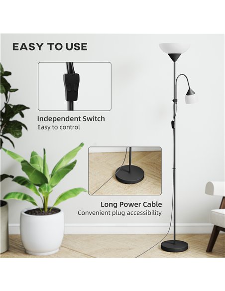 HOMCOM LED Floor Lamp for Living Room, 180cm Tall Standing Lamp, Mother and Child Uplighter with Adjustable Gooseneck, Black - pic 170435 | FastDaddyshop