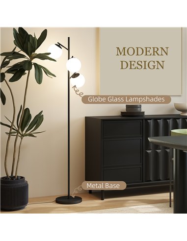 HOMCOM 3-Light Tree Floor Lamps for Living Room, Modern Standing Lamp for Bedroom with Globe Lampshade, Steel Base, Bulb not Inc