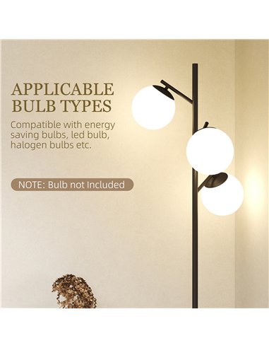 HOMCOM 3-Light Tree Floor Lamps for Living Room, Modern Standing Lamp for Bedroom with Globe Lampshade, Steel Base, Bulb not Inc
