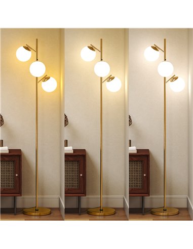 HOMCOM 3-Light Tree Floor Lamps for Living Room, Modern Standing Lamp for Bedroom with Globe Lampshade, 3000K/4000K/6000K Colour