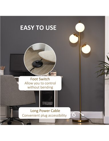 HOMCOM 3-Light Tree Floor Lamps for Living Room, Modern Standing Lamp for Bedroom with Globe Lampshade, 3000K/4000K/6000K Colour