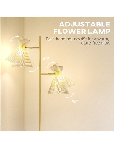 HOMCOM Floor Lamp with Adjustable Dual Head, Modern Standing Lamp with Floral Glass Shades and Foot Switch for Living Room Bedro