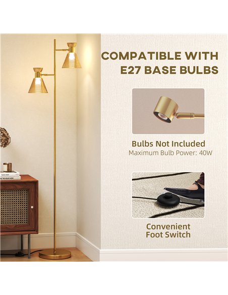 HOMCOM Floor Lamp with Adjustable Dual Head, Modern Standing Lamp with Floral Glass Shades and Foot Switch for Living Room Bedro - pic 170515 | FastDaddyshop