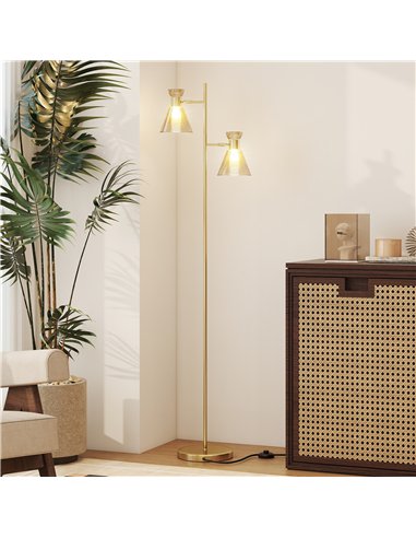HOMCOM Floor Lamp with Adjustable Dual Head, Modern Standing Lamp with Floral Glass Shades and Foot Switch for Living Room Bedro