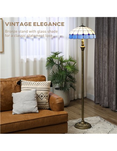 HOMCOM Tiffany-Style Floor Lamp with Handcrafted Stained Glass Shade, 152cm Tall Vintage Standing Lamp with Foot Switch and Dual