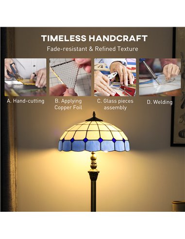 HOMCOM Tiffany-Style Floor Lamp with Handcrafted Stained Glass Shade, 152cm Tall Vintage Standing Lamp with Foot Switch and Dual