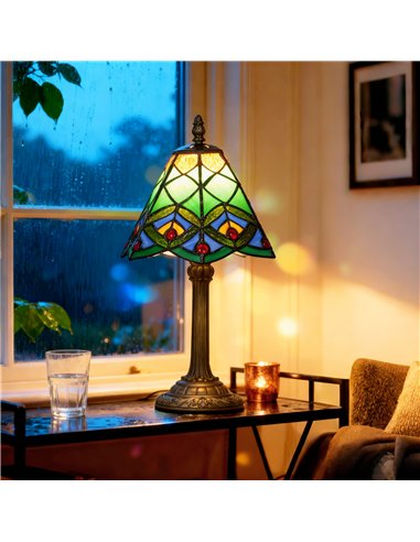 HOMCOM Tiffany-Style Table Lamp with Geometric Patterns, Handcrafted Antique Stained Glass Bedside Lamp for Living Room and Bedr