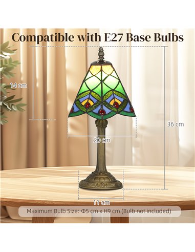 HOMCOM Tiffany-Style Table Lamp with Geometric Patterns, Handcrafted Antique Stained Glass Bedside Lamp for Living Room and Bedr