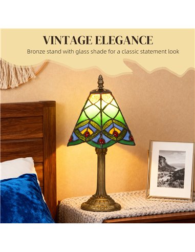 HOMCOM Tiffany-Style Table Lamp with Geometric Patterns, Handcrafted Antique Stained Glass Bedside Lamp for Living Room and Bedr