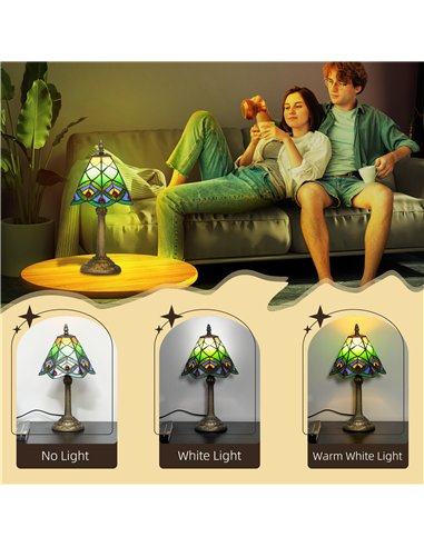 HOMCOM Tiffany-Style Table Lamp with Geometric Patterns, Handcrafted Antique Stained Glass Bedside Lamp for Living Room and Bedr