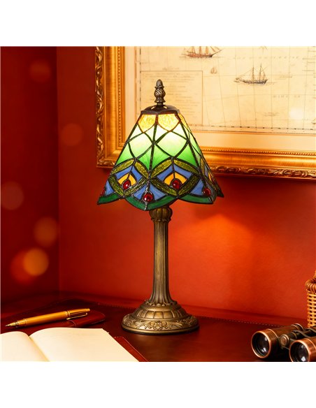 HOMCOM Tiffany-Style Table Lamp with Geometric Patterns, Handcrafted Antique Stained Glass Bedside Lamp for Living Room and Bedr - pic 170580 | FastDaddyshop